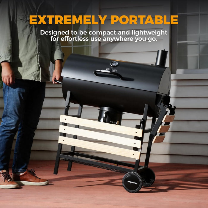 Barrel Charcoal Grill with Foldable Front Wood Shelf, 686 Sq.In. Cooking Area Outdoor Bbq Grill, Thermometer and Adjustable Air Vents for Backyard, Patio, Parties, Tailgating, Black