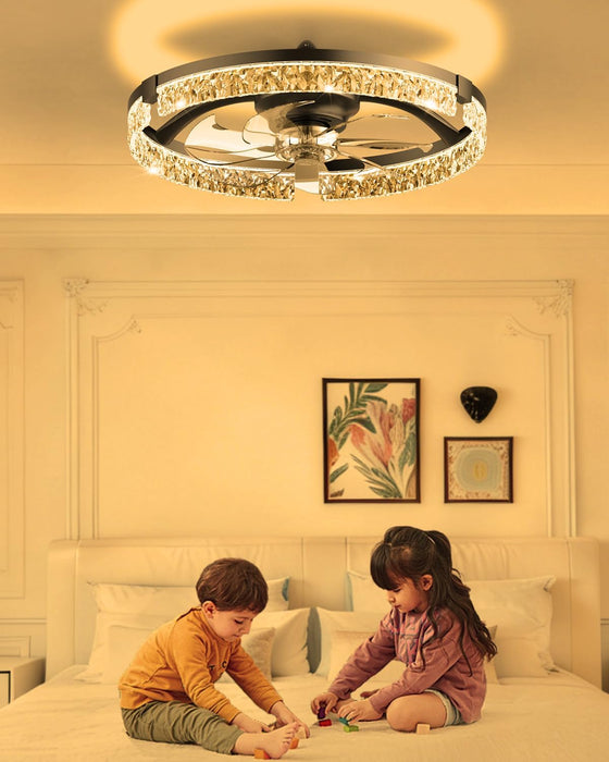 20" Low Profile Ceiling Fan with Light and Remote, Dimmable LED Flush Mount Ceiling Fan, 6 Speeds, White Modern Design for Bedroom/Living Room （Black-Crystal）