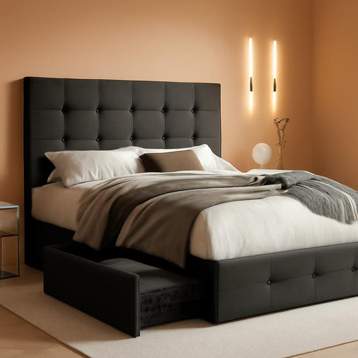 Upholstered Queen Size Platform Bed Frame with 4 Storage Drawers, Adjustable Headboard with Square Stitched Button Tufted Design, Wooden Slat Support, No Box Spring Needed, Dark Grey