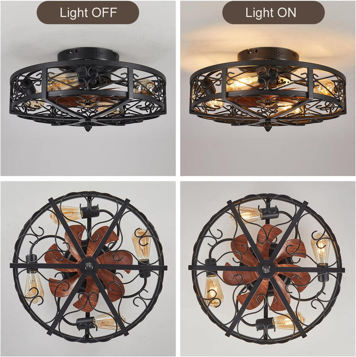 20" Caged Farmhouse Flush Mount Ceiling Fan with Light and Remote Control Bladeless Low Profile Ceiling Fans with Lights Enclosed Vintage Fan 6 Speed Reversible for Kitchen, Bedroom