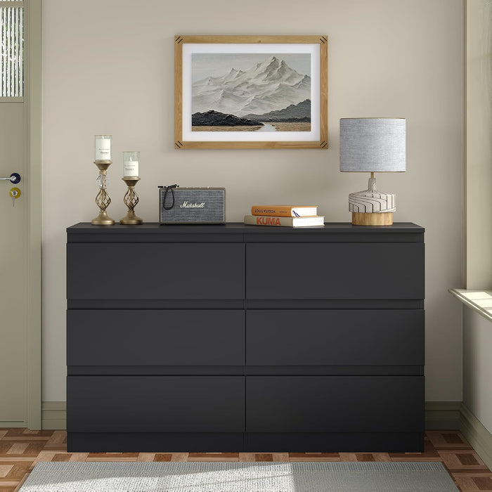 Modern 6 Large Storage Drawers Dresser for Clothes Organizer, Black Modern Chest of Drawers for Closet, 42.5" Long Drawer Organizer Cabinet for Bedroom, Living Room, Entryway, Hallway