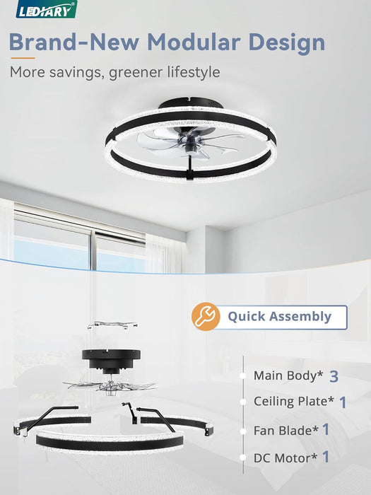 Ceiling Fans with Lights and Remote, 20'' Low Profile Ceiling Fan with Light, 3000-6000K Dimmable Fandelier Ceiling Fans, Modern Flush Mount Fan Light for Bedroom with 6 Wind Speeds- Black