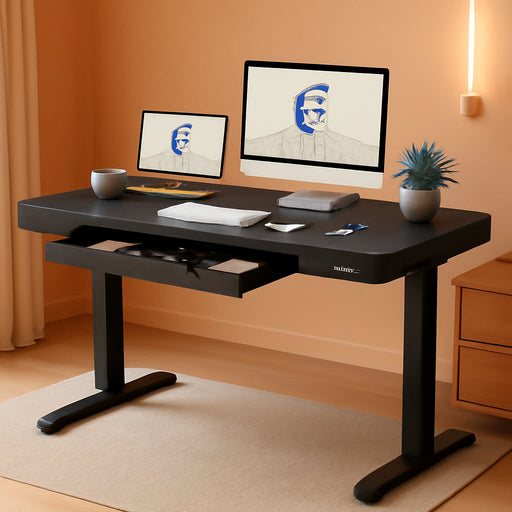 Comhar Electric Standing Desk with Drawer Desktop & Adjustable Frame Quick Install W/Usb Charge Ports (Black, Wood)