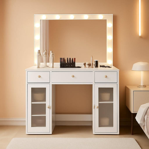 Makeup Vanity Desk with Mirror and Lights for Bedroom,White Vanity with Glass Top,Power Outlet,3 Drawers & 2 Acrylic Cabinets,3 Light Modes & Adjustable Brightness,Dressing Table for Women & Girls
