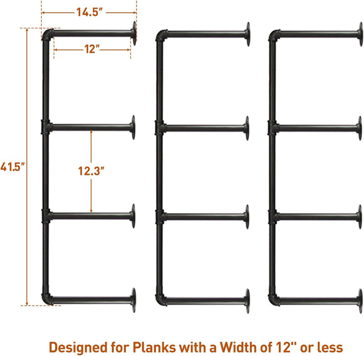 Industrial Iron Pipe Shelves, 3 Set 4-Tier 41.5" Tall 12" Depth, DIY Open Bookshelf Bookcase, Wall Mounted Vintage Retro Shelving, Rustic Farmhouse Pantry Kitchen Storage, Black Shelf Brackets