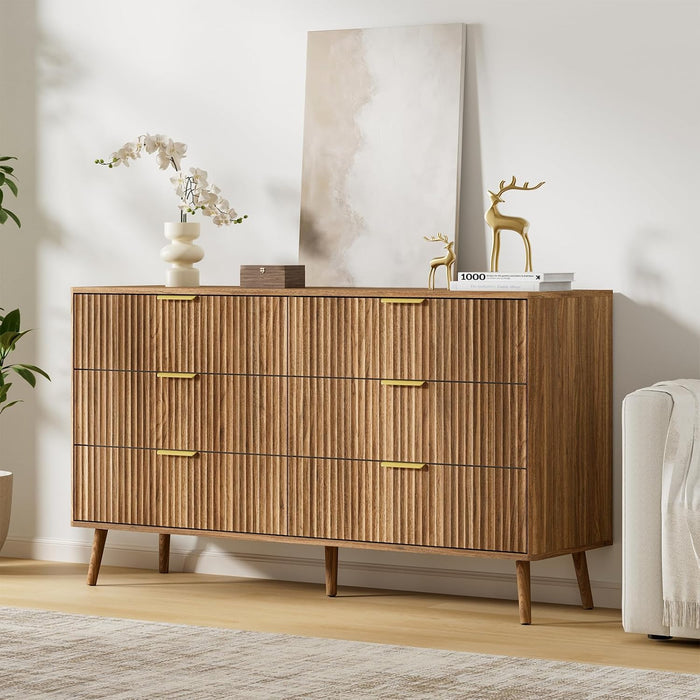 55" Wide Fluted Dresser for Bedroom with 6 Drawer, Modern Chest of Drawers with Curved Profile Design and Metal Handles, Wood Dresser TV Stand & Storage Organizer for Living Room, Walnut
