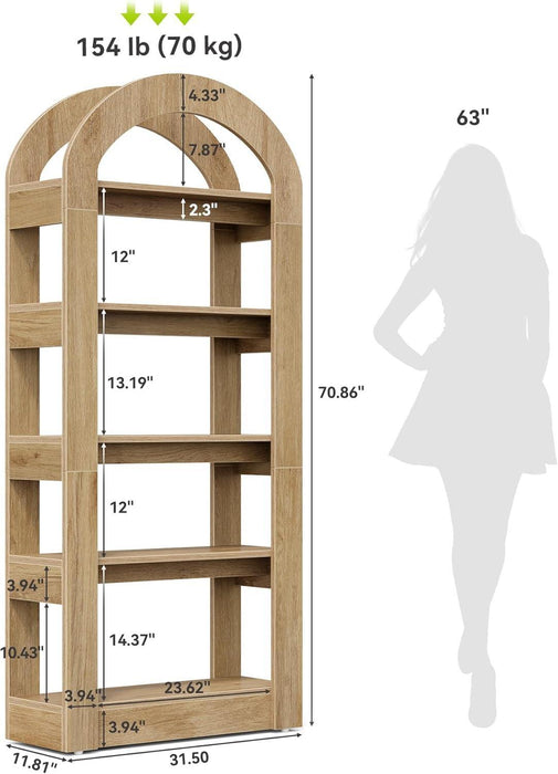 5-Tier Bookshelf, Arch-Shaped Racks, Tall Standing Wooden Bookcase Display Shelf Modern Storage Solution (1, Teak Color)