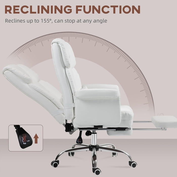 Executive Office Chair with Footrest and Lumbar Support, PU Leather Ergonomic Office Desk Chair, Reclining and Swivel Chair, White