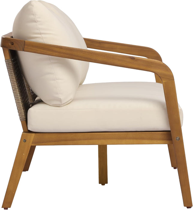 Kai 4 Piece Patio Furniture Set with Slatted Coffee Table, Outdoor Sofa Set with PE Wicker Backrest & Cushions, Acacia Wood Conversation Set for Backyard,Cream+Light Brown+Teak