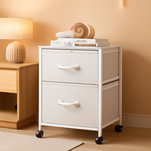 2 Drawer Fabric Vertical Filing Cabinet, Rolling Printer Stand, White