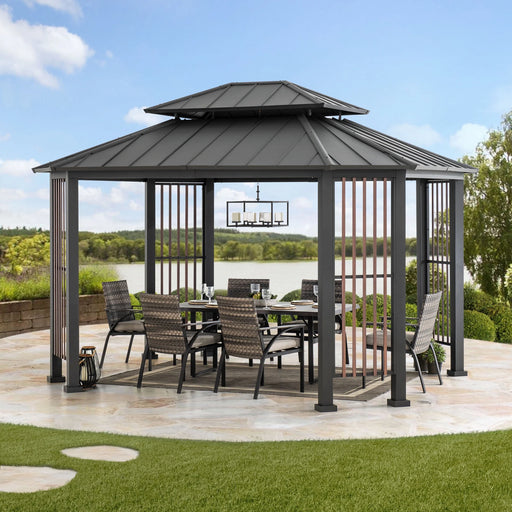 Sunjoy 11 X 13 Ft. Hardtop Gazebo Outdoor 2-Tier Steel Hardtop Metal Gazebo with Dual Rails and Ceiling Hook, Suitable for Patio & Backyard, Grey