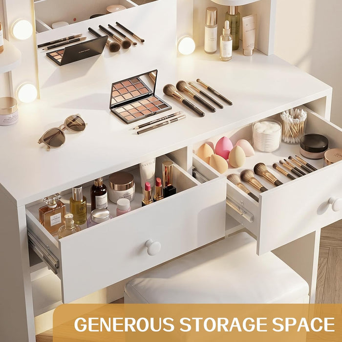 White Vanity Desk With Comprehensive Storage Mirror