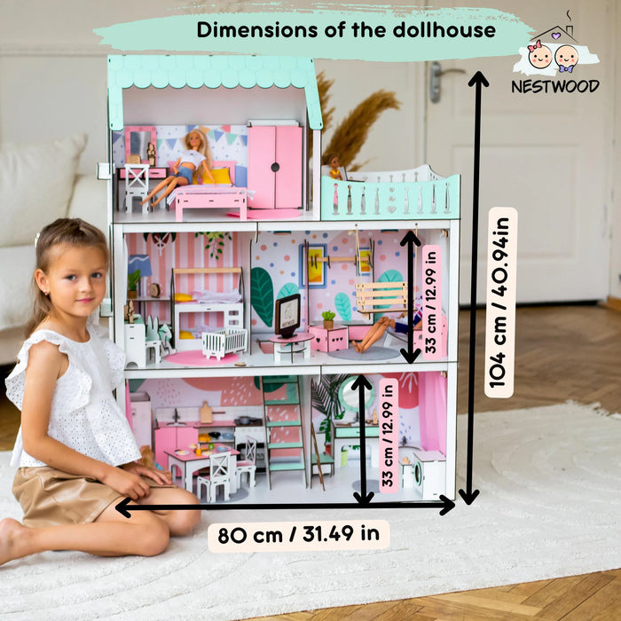 Montessori Wooden Dolls House with Furnishings - Customizable Tiny Toy Playhouse for Girls