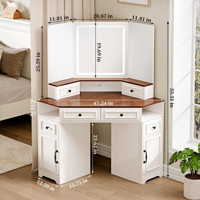 Corner Vanity Desk with Mirror and Lights,Makeup Vanities with Power Outlet and 6 Drawers, 3 Light Settings, Dimmable for Women Girls, Bedroom, White