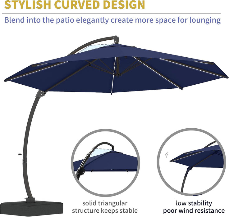 11Ft Offset Cantilever Patio Umbrella with Solar Lights, Large round Outdoor Umbrella with Base Included, Aluminum Frame, 360° Rotation & Infinite Tilt for Deck Pool Backyard, Navy Blue