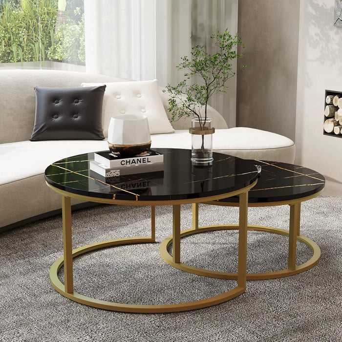 round Coffee Table Nesting Tables Set of 2, Large : Ø 34.0", Small : Ø 26.0", Modern Design Coffee Tables for Living Room, Gold Metal Frame Circle Cocktail Table, High Glossy Faux Black Marble