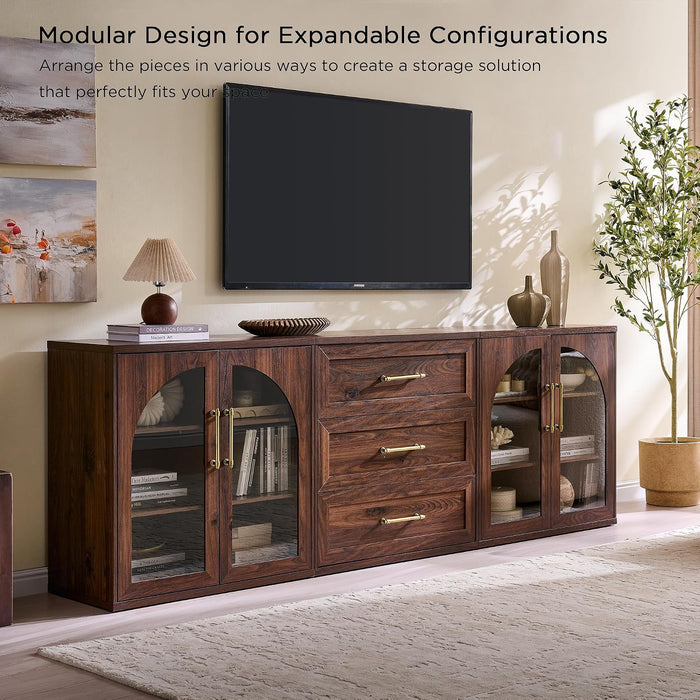 Glass Arched Door Sideboard Buffet Cabinet Set of 2, Brown | Modular, Multi-Compartment Storage, Adjustable Shelf, Soft Close Hinges, Freestanding, for Dining Room, Living Room