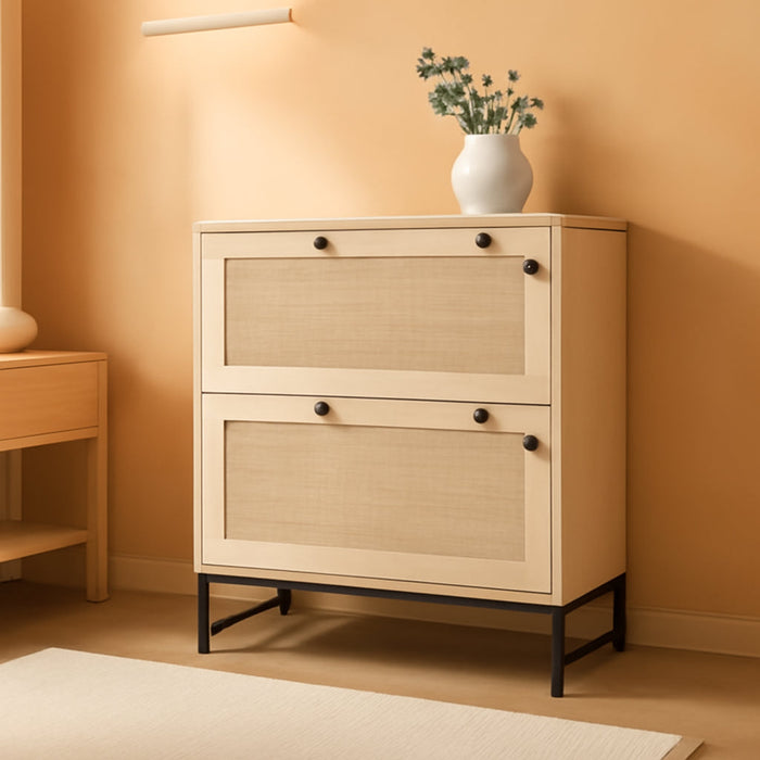 2 Rattan Drawer File Cabinet with Lock, Lateral Filing Cabinet with Adjustable Hanging Bar for Letter, A4 and Legal Size Files, Printer Stand for Home Office, Natural