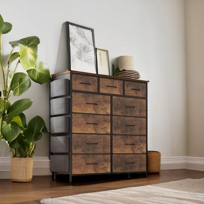 Dresser for Bedroom with 11 Drawer, Dressers & Chests of Drawers with Side Pockets, Hooks, Fabric Storage Drawer, Steel Frame, Wood Top, Organizer Unit and Pull Handle for Closet.