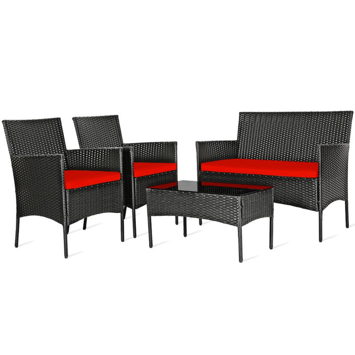 4 Pieces Patio Rattan Cushioned Sofa Set with Tempered Glass Coffee Table