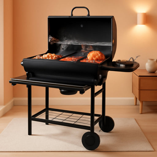 Charcoal Grill with Lid, 27" Outdoor BBQ Grill with Thermometer, Side Shelves, Wheels & Ash Catcher, Large Barrel Charcoal Smoker for Backyard, Camping & Outdoor Cooking