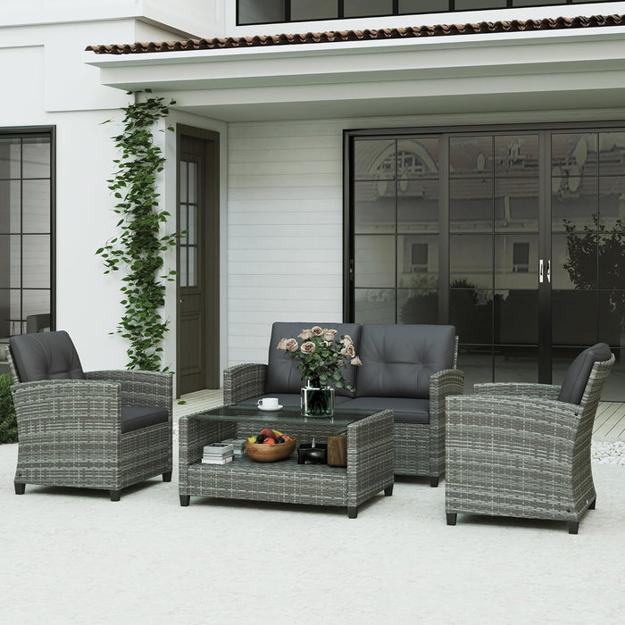 4 Pieces Patio Furniture Sets with Cushions, PE Rattan Wicker Conversation Chairs W/Two-Tier Coffee Table for Backyard Porch Garden Poolside and Deck, Charcoal