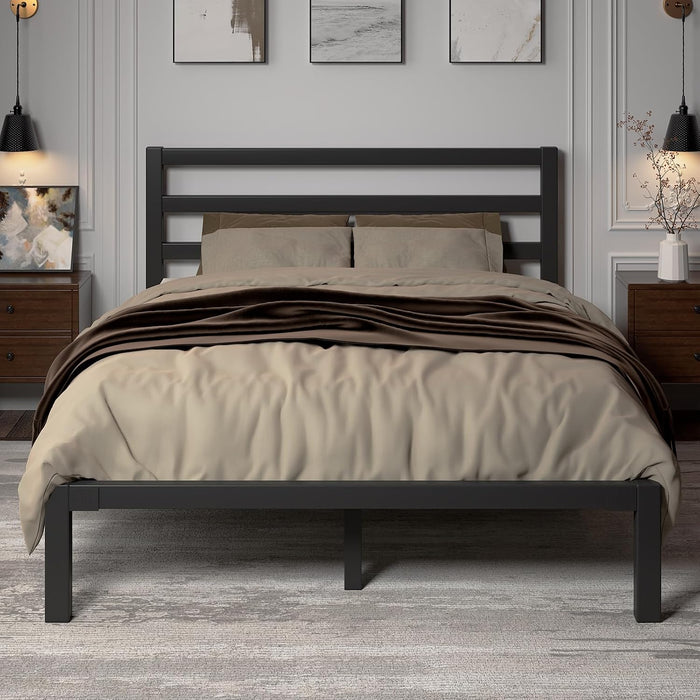 Full Size Metal Bed Frame with Headboard, Metal Slats, Black