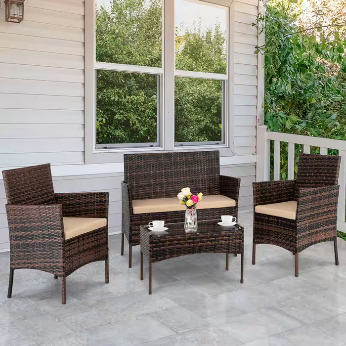 4-Piece Wicker Patio Conversation Set with Beige Cushions