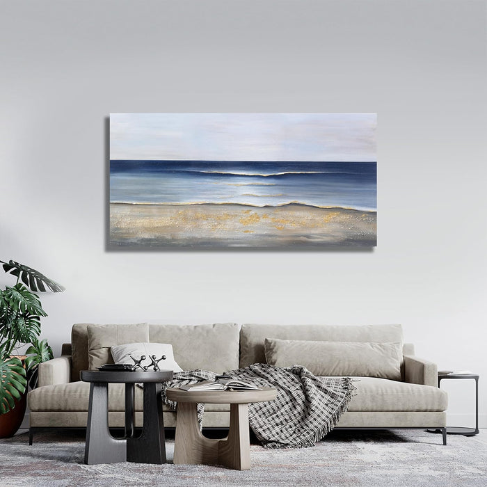 Ocean Wall Art Blue and Gold Modern Minimalist Wall Decor Sea Wave and Beaches Canvas Painting for Living Room Bedroom Dinning Room Home Office Home Decor 24X48 Inch