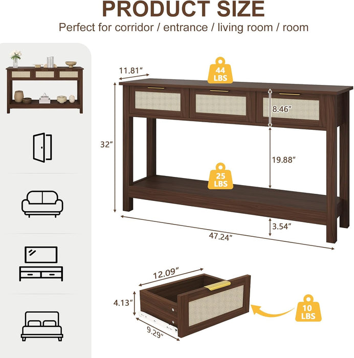Console Table for Entryway with 3 Rattan Drawers Boho Entry Table with Storage Open Shelf, Narrow Long Sofa Tables for Living Room, Hallway, Foyer, Couch, Front Door, Walnut, 47 Inch
