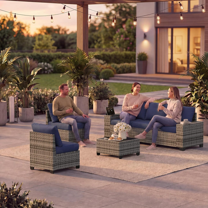 6 PCS Patio Furniture Set, Outdoor Sectional All-Weather Wicker Conversation Set with Swivel Rocker Chairs, 4'' Thick Cushions for Backyard Poolside(Navy/Grey)