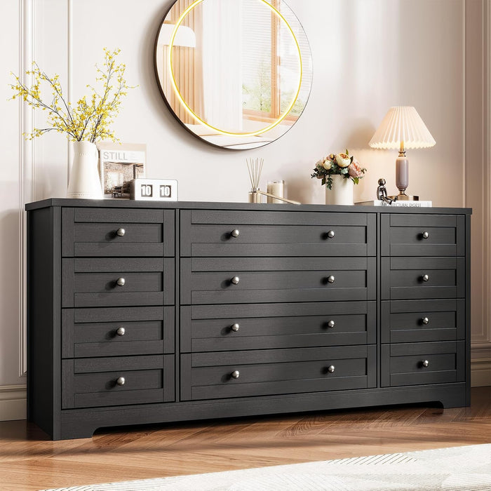 12-Drawer Dresser, Modern Wooden Storage Chest of Drawers, Wide Dresser TV Stand for 65 Inch TV, Large Wood Drawer Organizer for Bedroom, Living Room, Hallway, Black