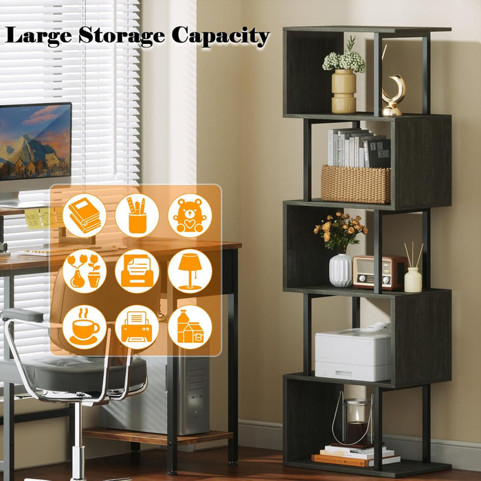 6 Tier Bookshelf Tall Geometric Bookcase, S-Shaped Industrial Display Standing Shelf, Metal and Wood Decorative Storage Room Divider Shelves for Bedroom, Living Room, Office, Light Black Oak