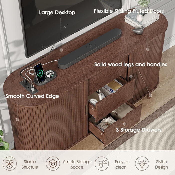 59" Mid Century Modern TV Stand with Charging Station, 32" Tall Farmhouse Curved Edge Media Console Table with Drawer and Shelf, Fluted Entertainment Center for Living Room, Bedroom Walnut