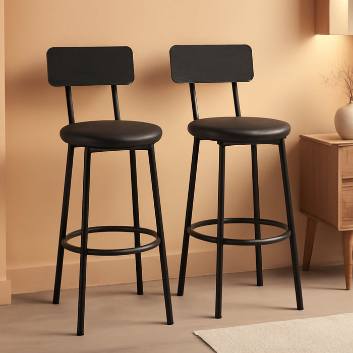 Bar Stools, Set of 2 Bar Stools with PU Upholstered, Bar Chairs with Footrest and Back, 26" Bar Stools for Kitchen Island, Dining Room, Easy to Assemble, Black BK31BY01G1