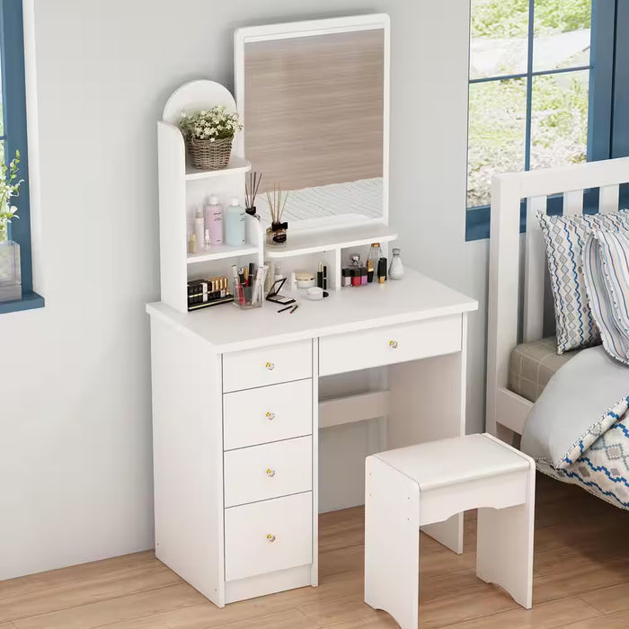 5-Drawers White Makeup Vanity Table Wooden Dressing Desk with Mirror and 3-Tier Storage Shelves 55.1 X 31.5 X 15.7 In.