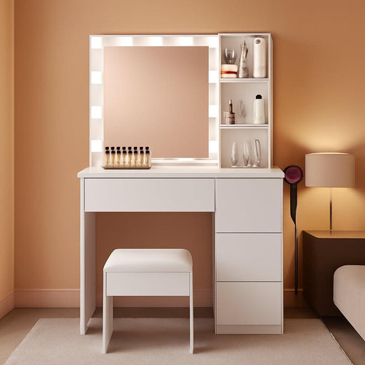 Vanity, Makeup Vanity Desk Set with Mirror & Light, Dressing Table Storage Lots with Power Strip, 3 Lighting Modes with Adjustable Brightness, 37 Inches (White) (White with Stool)