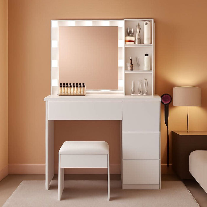 Vanity, Makeup Vanity Desk Set with Mirror & Light, Dressing Table Storage Lots with Power Strip, 3 Lighting Modes with Adjustable Brightness, 37 Inches (White) (White with Stool)