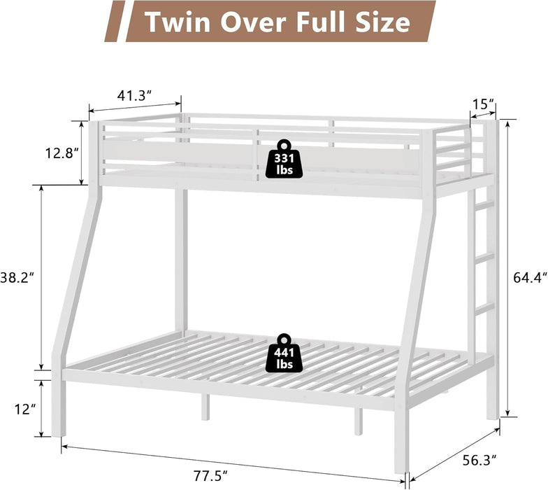 White Metal Bunk Bed TwinOverFull HeavyDuty Railings