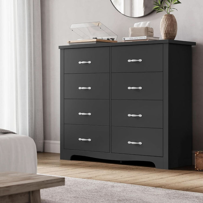 Modern 8 Drawer Dresser for Bedroom, Tall Bedroom Dresser with Large Drawers and Metal Handles, Wooden Chest of Drawers, Storage Cabinet and Organizer for Living Room, Hallway, Black