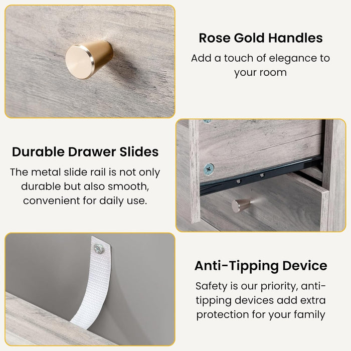 Grey 5 Drawer Dresser for Bedroom, Modern Wood Dresser Chest of Drawers, Rustic Bedroom Dressers Clothes Organizer, Anti-Tipping Device, Rose Gold Metal Handle, Living Room, Entryway, Office