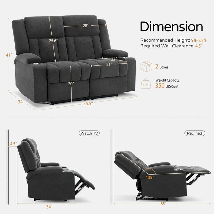 Loveseat Recliner Sofa with Cup Holders, 2-Seater Fabric Reclining Couch, Manual Recliner Wall Hugger for Living Room, Small Spaces, Home Theater (Dark Gray)