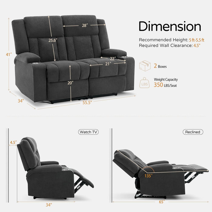 Recliner Loveseat Sofa with Cup Holders, 2-Seater Fabric Reclining Couch, Manual Recliner Wall Hugger for Living Room, Small Spaces, Home Theater (Dark Gray)