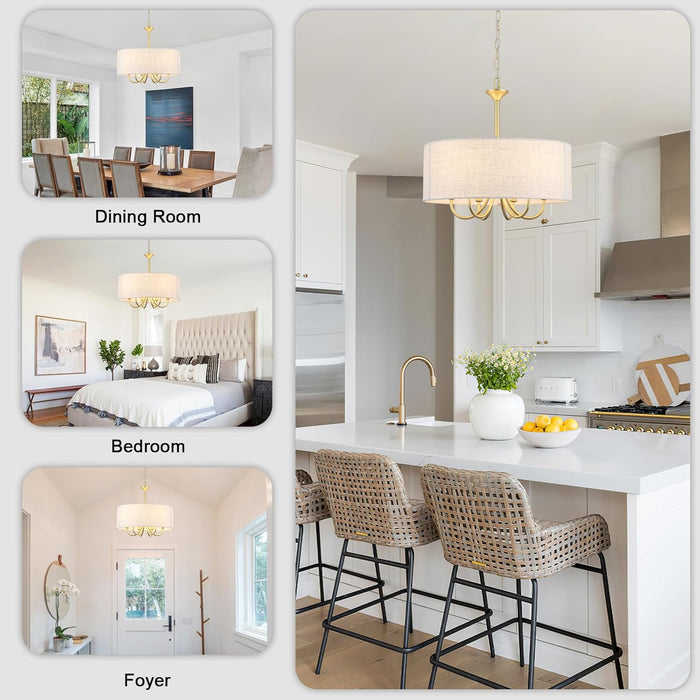 Gold Drum Chandelier for Dining Room, 6-Light Modern Farmhouse Chandelier with Linen Shade, 18" Brass round Chandelier Hanging Light Fixture for Kitchen Island Bedroom Living Room Entryway