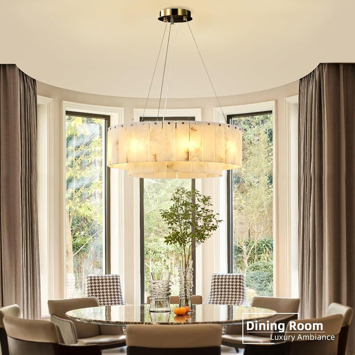 D23In Alabaster round Chandelier, Modern Marble Dining Room Chandeliers, 2 Tiers Brass Drum Pendant Light Fixtures, Gold Ceiling Light Chandelier for Living Room, Bedroom Lights, Foyer, Kitchen