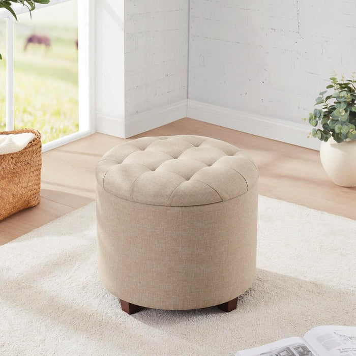 Decor round Ottoman with Storage, round Vanity Chair Stool Ottoman Pouf with Storage for Living Room and Bedroom, Linen Beige