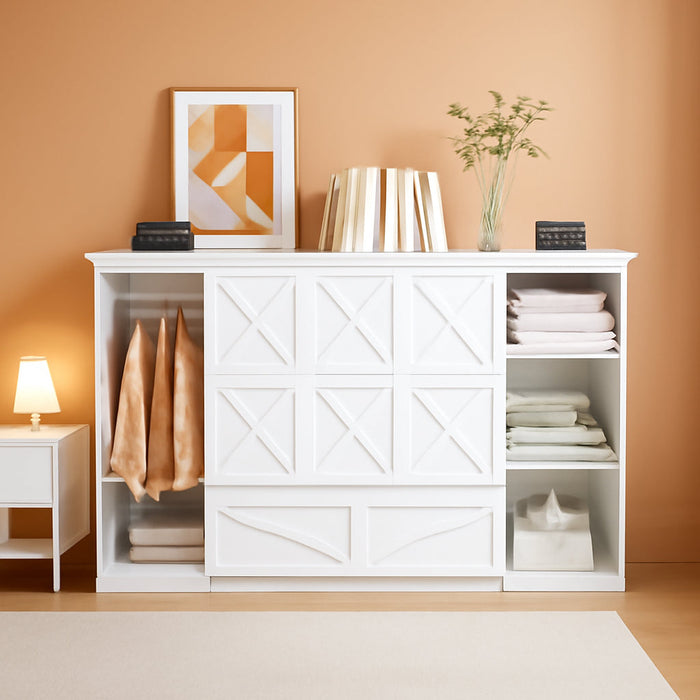 Twin Size Murphy Bed with Bedside Shelves and Wardrobe, White Wooden Bed Frame with Large Drawer