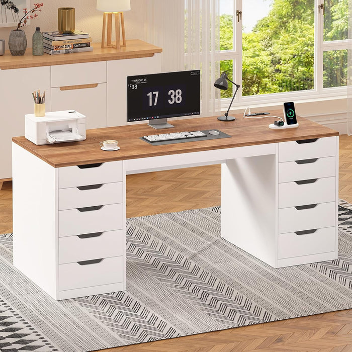 55 Inch Computer Desk with 10 Drawers and Outlets for Home Office