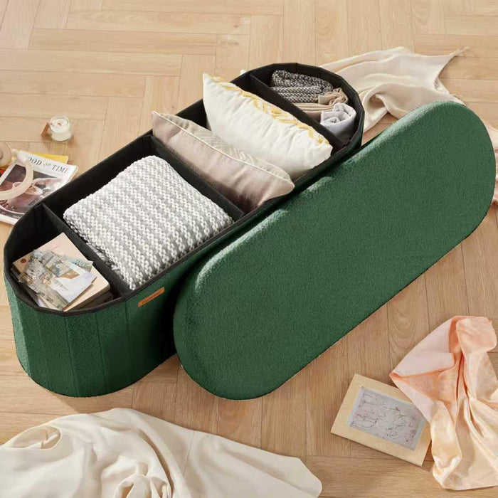 Ottoman with Storage, Sherpa Folding Storage Bench Foot Rest, Modern Upholstered Seat for Living Room, Entryway, Bedroom, Oval Green