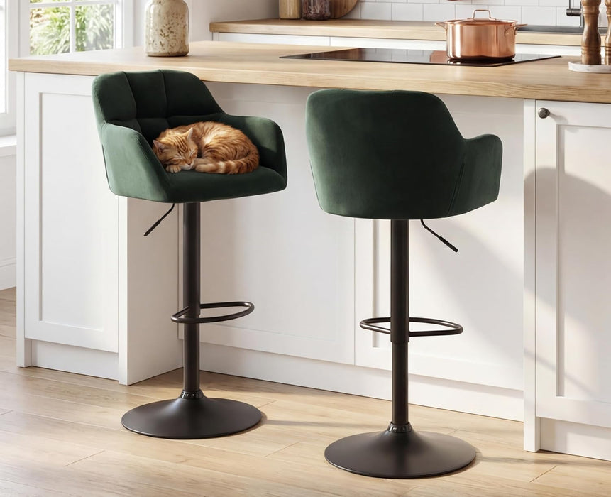 Modern Swivel Bar Stools Set of 2 Velvet Counter Height Barstools with Back and Arms Adjustable Bar Stool Chairs with Metal Base for Kitchen Island/Home Bar/Dining Room, Green